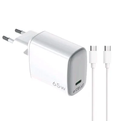 Celly Wall Charger Caricabatterie da Rete Gan 65 W 1 Uscita USB-C + Cavo USB-C Maschio-Maschio 2 m Bianco