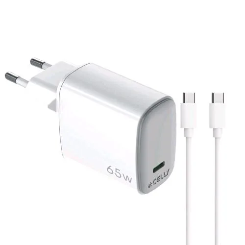 Celly Wall Charger Caricabatterie da Rete Gan 65 W 1 Uscita USB-C + Cavo USB-C Maschio-Maschio 2 m Bianco
