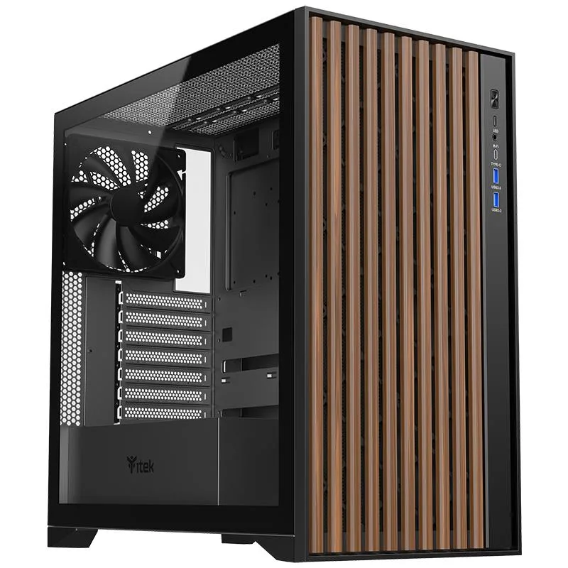 ITEK Woody Case Gaming Tower ATX Pannello Fontale Traforato in Legno Pannello Laterale in Vetro Temperato Senza Viti 3 x 12cm Black Fan 2 x USB3 Type-C Marrone Nero