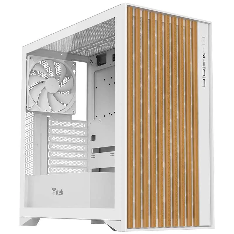 ITEK Case Woody Gaming Tower ATX 3 x14cm White Fan 2 x USB3 Type-C Wood Front Temp Glass Side Panel White Edition