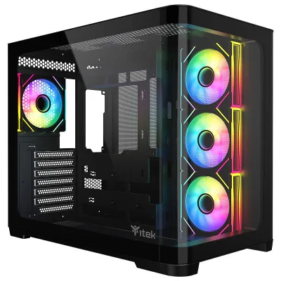 ITEK Dark Cave Curved Case Gaming Tower ATX Pannello Frontale e Laterale in Vetro Senza Cuciture Curvato 4 x 12cm ARGB Fan - 2 x USB3 Type-C Nero