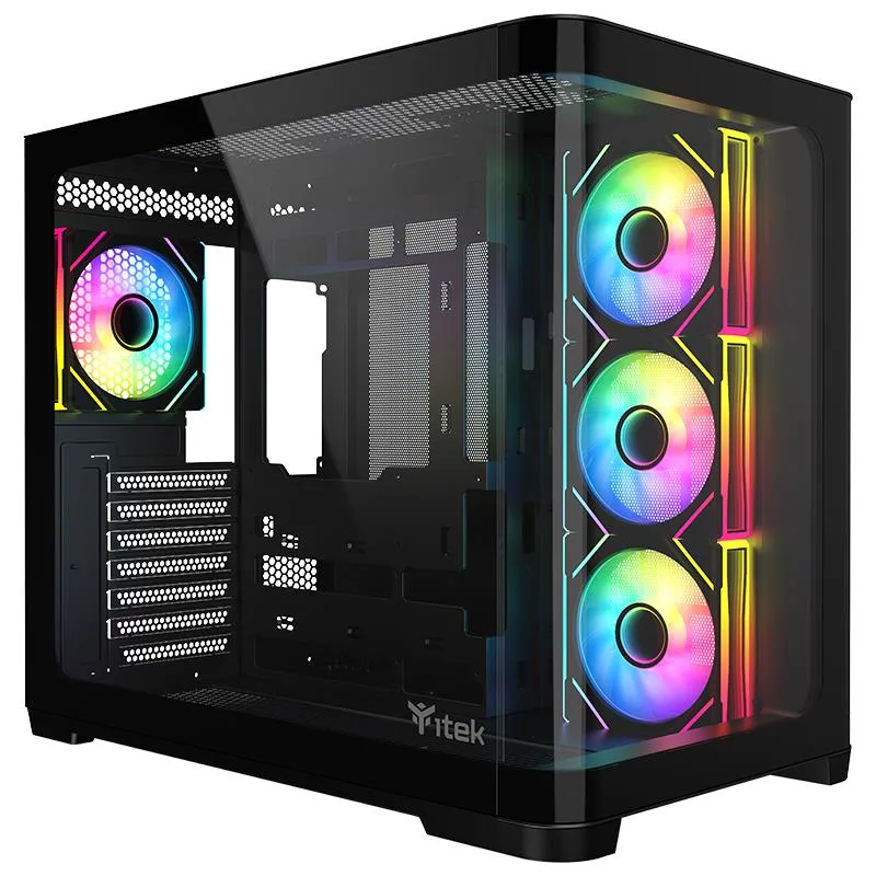 ITEK Dark Cave Curved Case Gaming Tower ATX Pannello Frontale e Laterale in Vetro Senza Cuciture Curvato 4 x 12cm ARGB Fan - 2 x USB3 Type-C Nero