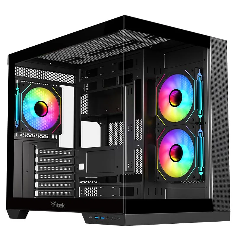 ITEK Dark Cave DS Tower Gaming ATX 3 x 12cm ARGB Fan, 2 x USB-C 3.0 Pannello Frontale e Laterale in Vetro Temperato Senza Cuciture Nero