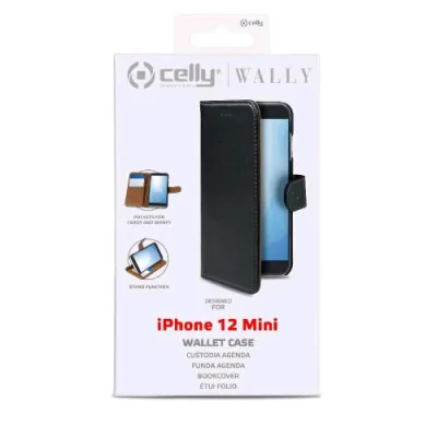 Celly Wally Case Apple iPHONE 12 Mini Custodia Agenda Chiusura Orizzontale con Flap Magnetico e Taschine Interne Portadocumenti Nero