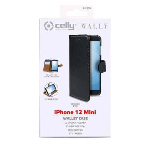 Celly Wally Case Apple iPHONE 12 Mini Custodia Agenda Chiusura Orizzontale con Flap Magnetico e Taschine Interne Portadocumenti Nero