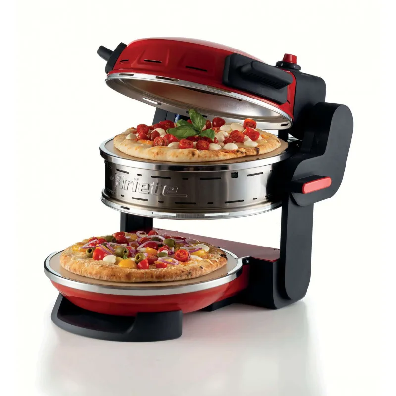 Ariete Forno Pizza Doppio Forno per Pizza 2 Piastre in Pietra Refrattaria Antiaderenti Cuoce 2 Pizze Contemporaneamente 5 Livelli Cottura 2300 W 400 Grdi Diametro 32cm Rosso