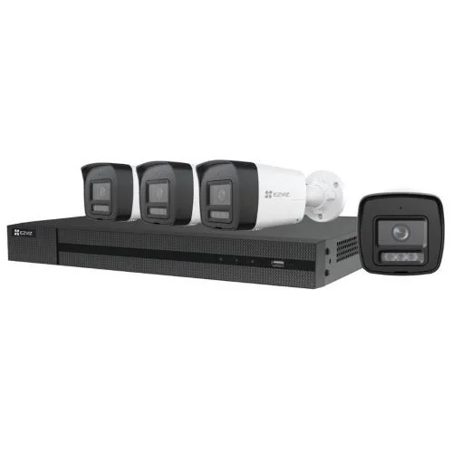 Ezviz Kit Videosorvegliana NVR X5K 8 Canali POE HDD 2 TB Incluso + 4 Telecamere H3K 4K POE Rilevamento di Uomo/Veicolo Visione Notturna a Colori Audio Bidirezionale IP67