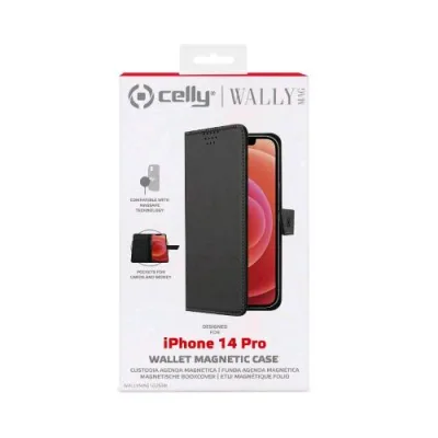Celly Wallymag iPhone 14 Pro Custodia a Portafoglio Ecopelle Black
