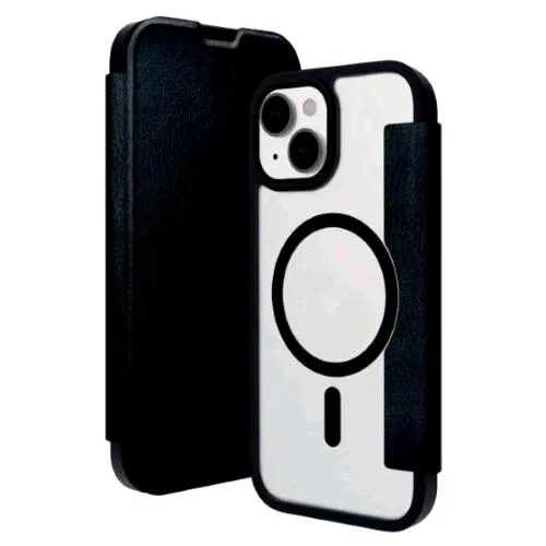 DBRAMANTE 1928 Helsinki Apple iPHONE 15 Custodia a Portafoglio Magsafe Parte Anteriore in Similpelle Nera Parte Posteriore Trasparente con Magnete Magsafe Nero Integrato