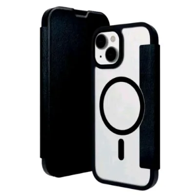 DBRAMANTE 1928 Helsinki Apple iPHONE 15 Plus Custodia a Portafoglio Magsafe Parte Anteriore in Similpelle Nera Parte Posteriore Trasparente con Magnete Magsafe Nero Integrato