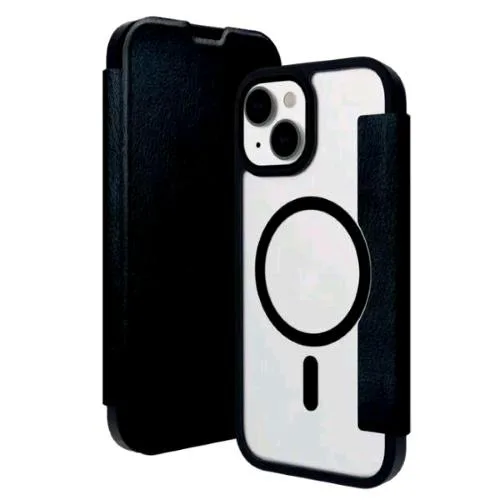 DBRAMANTE 1928 Helsinki Apple iPHONE 15 Plus Custodia a Portafoglio Magsafe Parte Anteriore in Similpelle Nera Parte Posteriore Trasparente con Magnete Magsafe Nero Integrato