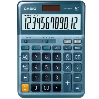 Casio DF-120EM Calcolatrice da Tavolo 12 Cifre Alimentazione Combinata Blu
