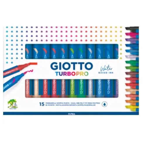 Giotto Turbo Pro Pennarello Acquerellabile Doppia Punta a Pennello e Scalpello Colori Assortiti Conf 15 Pz.