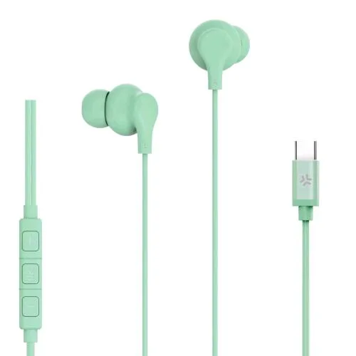 Celly Wired Earphone Cuffie con Microfono USB-C con Filo Controllo Chiamate e Volume/Musica Verde Pastello