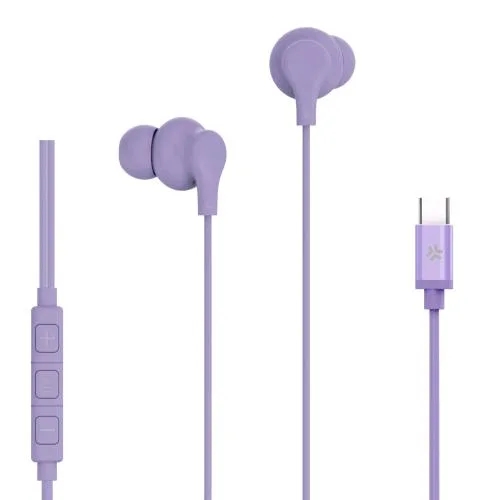 Celly Wired Earphone Cuffie con Microfono USB-C con Filo Controllo Chiamate e Volume/Musica Viola Pastello