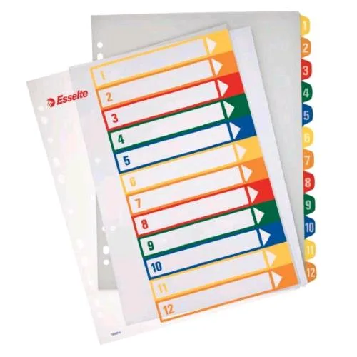 Esselte Intercalare Rubrica Extra Numerica 1-12 in PP 305X245 mm 12 Tasti Colori Assortiti Conf 10 Pz.