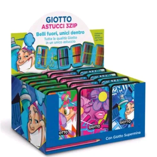 Giotto Young Street Espositore Astucci 3 Zip in Poliestere con Riempimento Colori Assortiti Conf 12 Pz.
