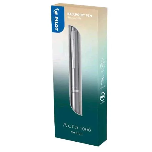 Pilot Acro 1000 Penna a Sfera a Scatto Tratto 1 mm Fusto Argento Inchiostro Nero Confezione Regalo