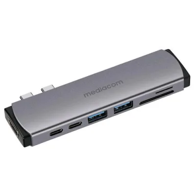Mediacom MD-M201 Docking Station 2 x USB-A 3.1 - 1 x USB-C con Alimentazione - 1 x HDMI 19 Pin 3840 x 2160 30Hz - 1 x SDXC Memory Card - 1 x Microsd in Alluminio