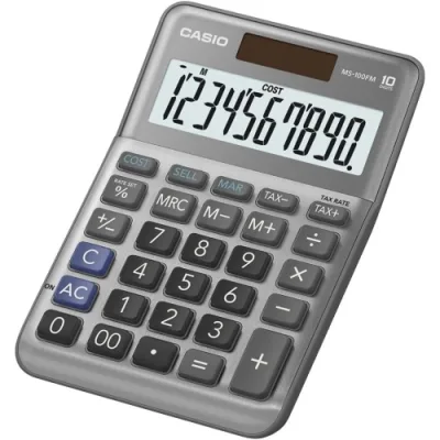 Casio MS-100FM Calcolatrice da Tavolo Display a 10 Cifre Calcolo Profitto Calcolo Imposte Alimentazione Energia Solare Batteria Grigio