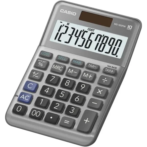 Casio MS-100FM Calcolatrice da Tavolo Display a 10 Cifre Calcolo Profitto Calcolo Imposte Alimentazione Energia Solare Batteria Grigio