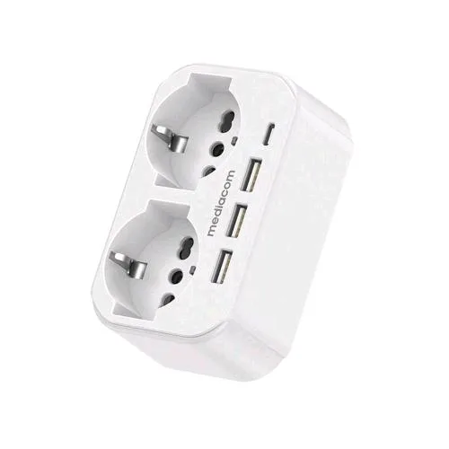 Mediacom MD-PM107 Multipresa 2 Schuko 16A + 3 USB-A + 1 USB-C PD 65 W Bianco