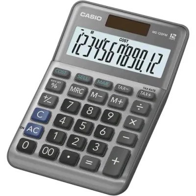 Casio MS-120FM Calcolatrice da Tavolo Solare e Batterie con Facciata in Metallo Display a 12 Cifre Calcolo Profitto Calcolo Imposte Grigio