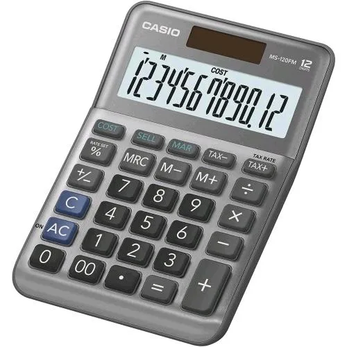 Casio MS-120FM Calcolatrice da Tavolo Solare e Batterie con Facciata in Metallo Display a 12 Cifre Calcolo Profitto Calcolo Imposte Grigio