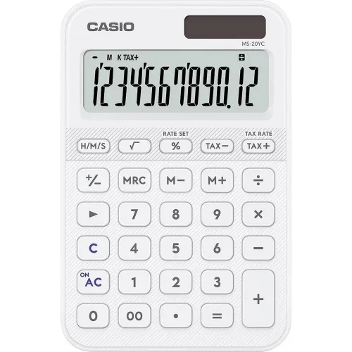Casio MS20YC Calcolatrice da Tavolo Compatta Display a 12 Cifre Ad Energia Solare e Batteria Bianco