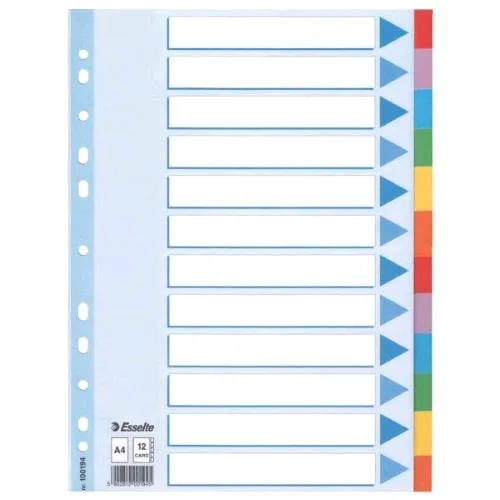 Esselte Mylar Intercalare in Cartoncino 225X297 mm 12 Tasti a Scalino Colori Assortiti Conf 10 Pz.