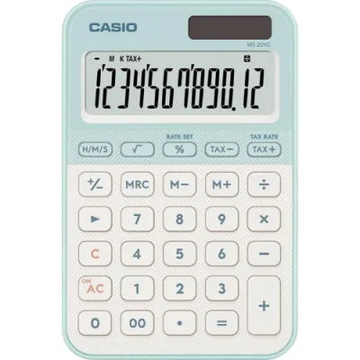 Casio MS20YC Calcolatrice da Tavolo Compatta Display a 12 Cifre Ad Energia Solare e Batteria Verde Acqua Bianca