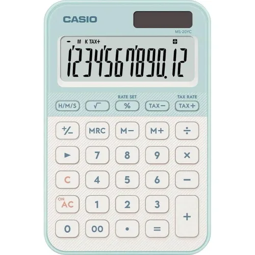 Casio MS20YC Calcolatrice da Tavolo Compatta Display a 12 Cifre Ad Energia Solare e Batteria Verde Acqua Bianca