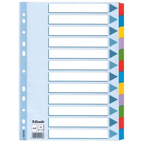 Esselte Mylar Intercalare in Cartoncino 225X297 mm 12 Tasti Colori Assortiti Conf 10 Pz.