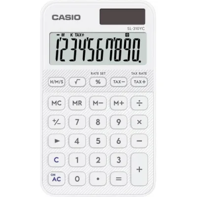 Casio SL310YC Calcolatrice Tascabile Display a 10 Cifre Ad Energia Solare e Batteria con Custodia Protettiva Inclusa Bianca