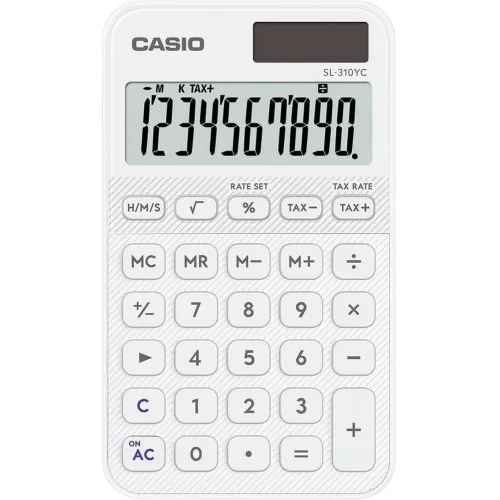 Casio SL310YC Calcolatrice Tascabile Display a 10 Cifre Ad Energia Solare e Batteria con Custodia Protettiva Inclusa Bianca