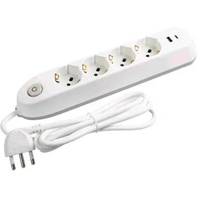 Bticino Ciabatta Multipresa Elettrica 4 Schuko/Bipasso 10/16A + 2 USB-A-C con Interruttore Cavo 1.5 m Spina Italiana Angolata Bianco