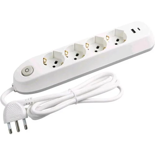 Bticino Ciabatta Multipresa Elettrica 4 Schuko/Bipasso 10/16A + 2 USB-A-C con Interruttore Cavo 1.5 m Spina Italiana Angolata Bianco