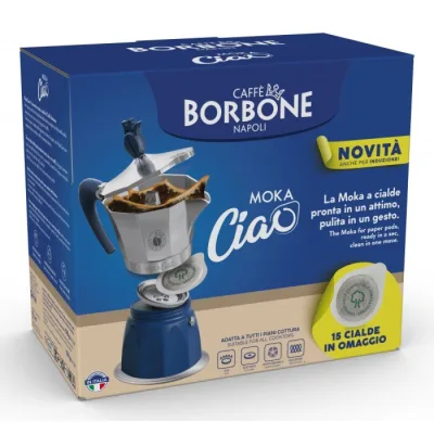 Caffe'' Borbone Caffe' Borbone Mokaciao Caffettiera Moka a Cialde 44 mm con Piattino Induzione fino a 3 Caffe' con una Cialda 15 Cialde Omaggio