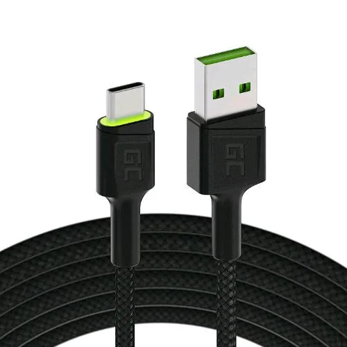 Green Cell Cable Ray LED Verde Cavo USB a USB-C Ricarica Rapida Ultra Charge QC 3.0 1.2m Black