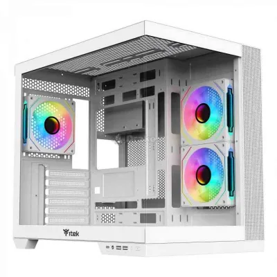 ITEK DARK CAVE DS TOWER GAMING ATX micro ATX Mini-ITX 3 x 12cm ARGB fan 2 x USB3, Type-C Side & Front Panel Temp Glass White Edition