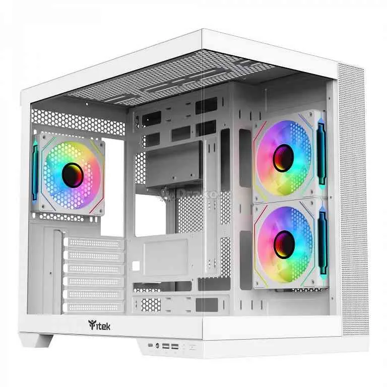 ITEK DARK CAVE DS TOWER GAMING ATX micro ATX Mini-ITX 3 x 12cm ARGB fan 2 x USB3, Type-C Side & Front Panel Temp Glass White Edition
