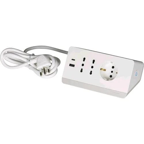 Bticino S3711DBU Multipresa da Scrivania con Interruttore 1 Polivalente Schuko 10/16A e 2 Bipasso 10/16A 2 Prese USB 3A Cavo 2 m Bianco