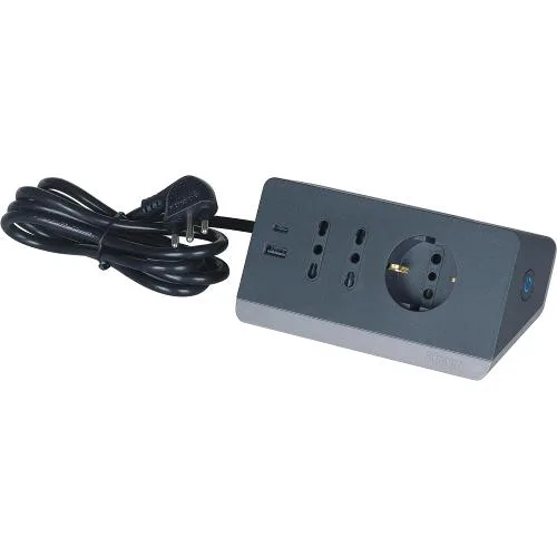 Bticino S3711GBU Multipresa Elettrica da Scrivania 5 Posti con Interruttore 2 Prese USB 3A 1 Schuko 10/16A e 2 Bipasso 10/16A