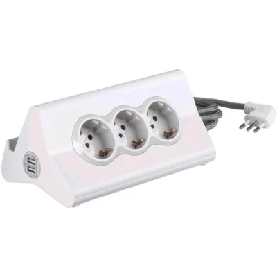 Bticino S3713DBU Multipresa da Scrivania con 3 Prese Standard 10A/16A Tipo P30 250 V (1 Presa USB Carica Rapida 5 V 2.4 A Max e 1 USB 5 V 1.5 A Max) Cavo 2 m Bianco
