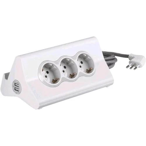 Bticino S3713DBU Multipresa da Scrivania con 3 Prese Standard 10A/16A Tipo P30 250 V (1 Presa USB Carica Rapida 5 V 2.4 A Max e 1 USB 5 V 1.5 A Max) Cavo 2 m Bianco