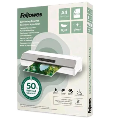 Fellowes Pouche da 80 Micron A4 Riciclate 50% Finitura Lucida Trasparente Conf 100 Pz.