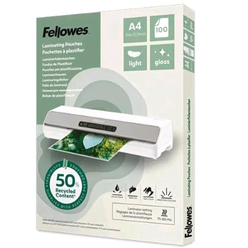 Fellowes Pouche da 80 Micron A4 Riciclate 50% Finitura Lucida Trasparente Conf 100 Pz.