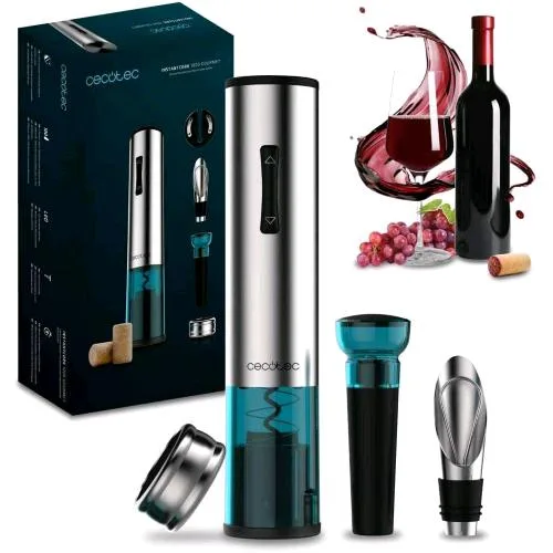 Cecotec Instantcork 1000 Gourmet Cavatappi Apribottiglie Elettrico in Soli 8 Secondi, Funziona con 4 Batterie, Luce LED, Ago Elicoidale in Acciaio, Corpo in Acciaio Inox