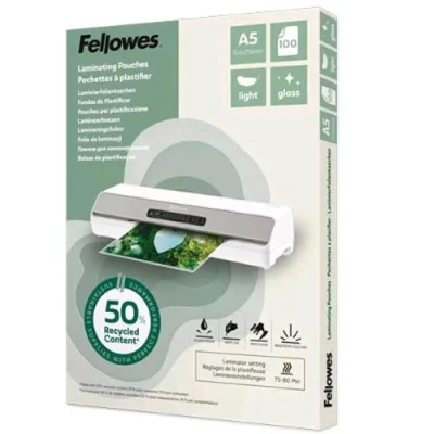 Fellowes Pouche da 80 Micron A5 Riciclate 50% Finitura Lucida Trasparente Conf 100 Pz.