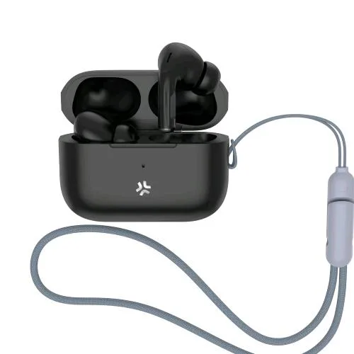 Celly Harmony Auricolari in-Ear True Wireless Riduzione del Rumore ANC & Enc Ricarica USB-C Musica e Chiamate Pratico Cordino Legato alla Custodia di Ricarica Nero